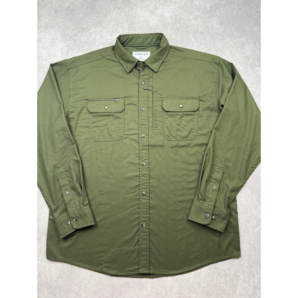 Poncho Outdoorsman Shirt Mens L Olive Green Magnetic Pockets Regular Fit Camp